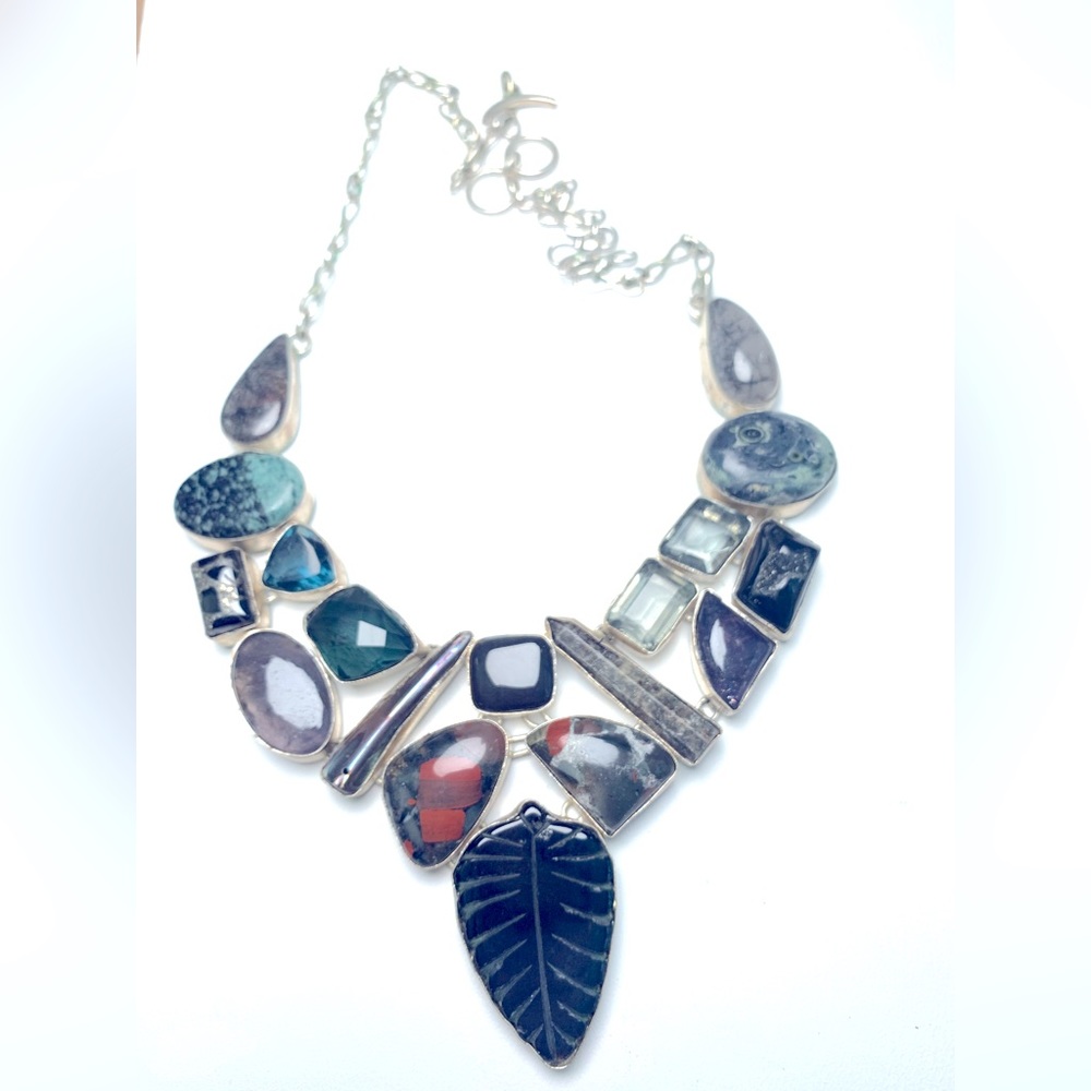 Beautiful Chunky Black + dark multi colored stones - 25” adjustable length